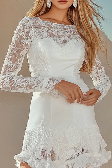 Dentelle blanche appliques col bateau manches longues robe courte de graduation